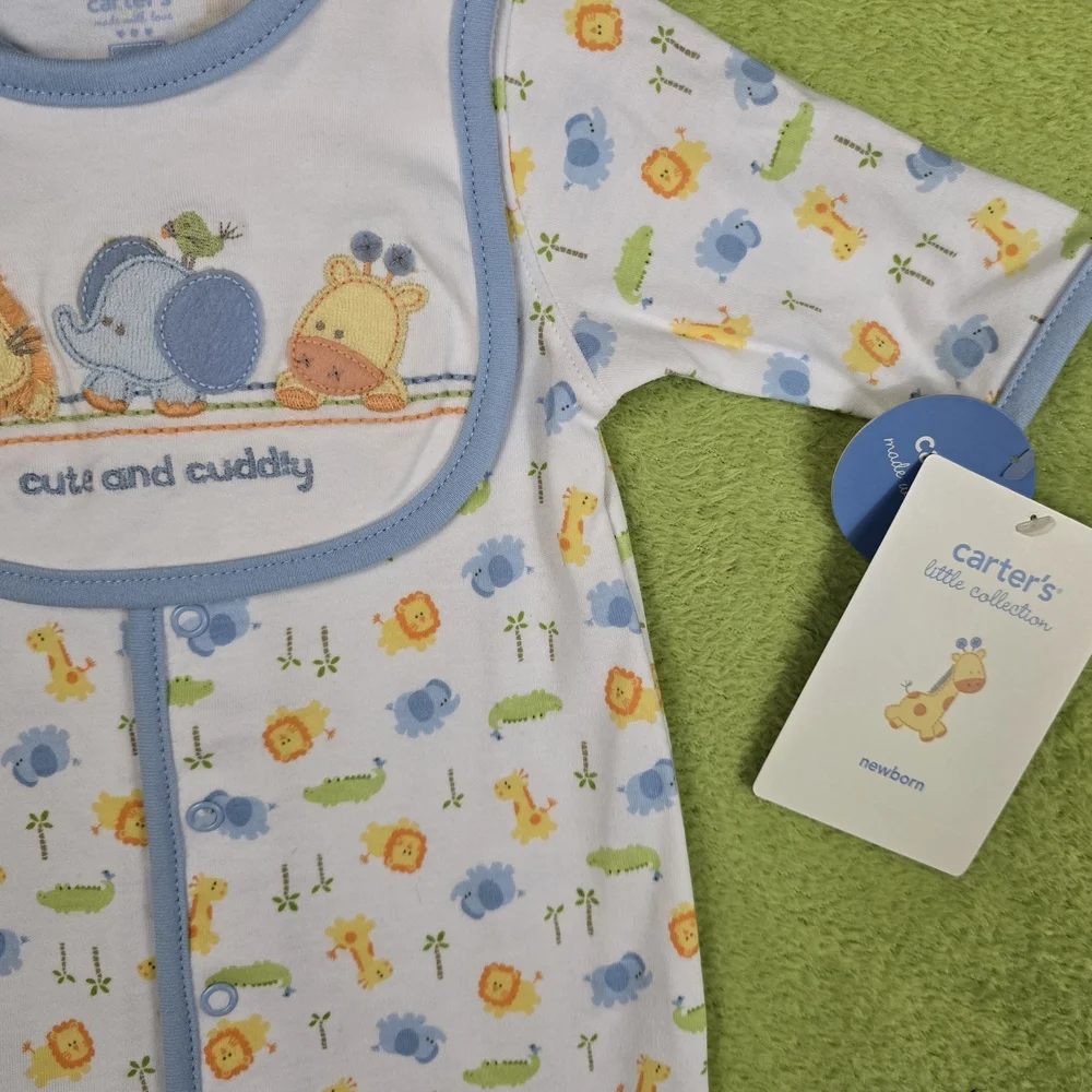 NWT 6-9M Baby BOYS 2P FOOTIE & BIB  LION  ELEPHANT + GIRAFFE  CUTE & CUDDLY (Q1) - Picture 4 of 6
